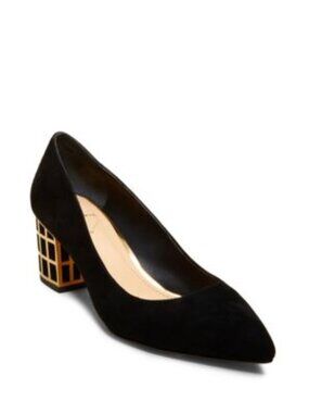 Brian Atwood Karina Black Block Heels Gold Cage Detail